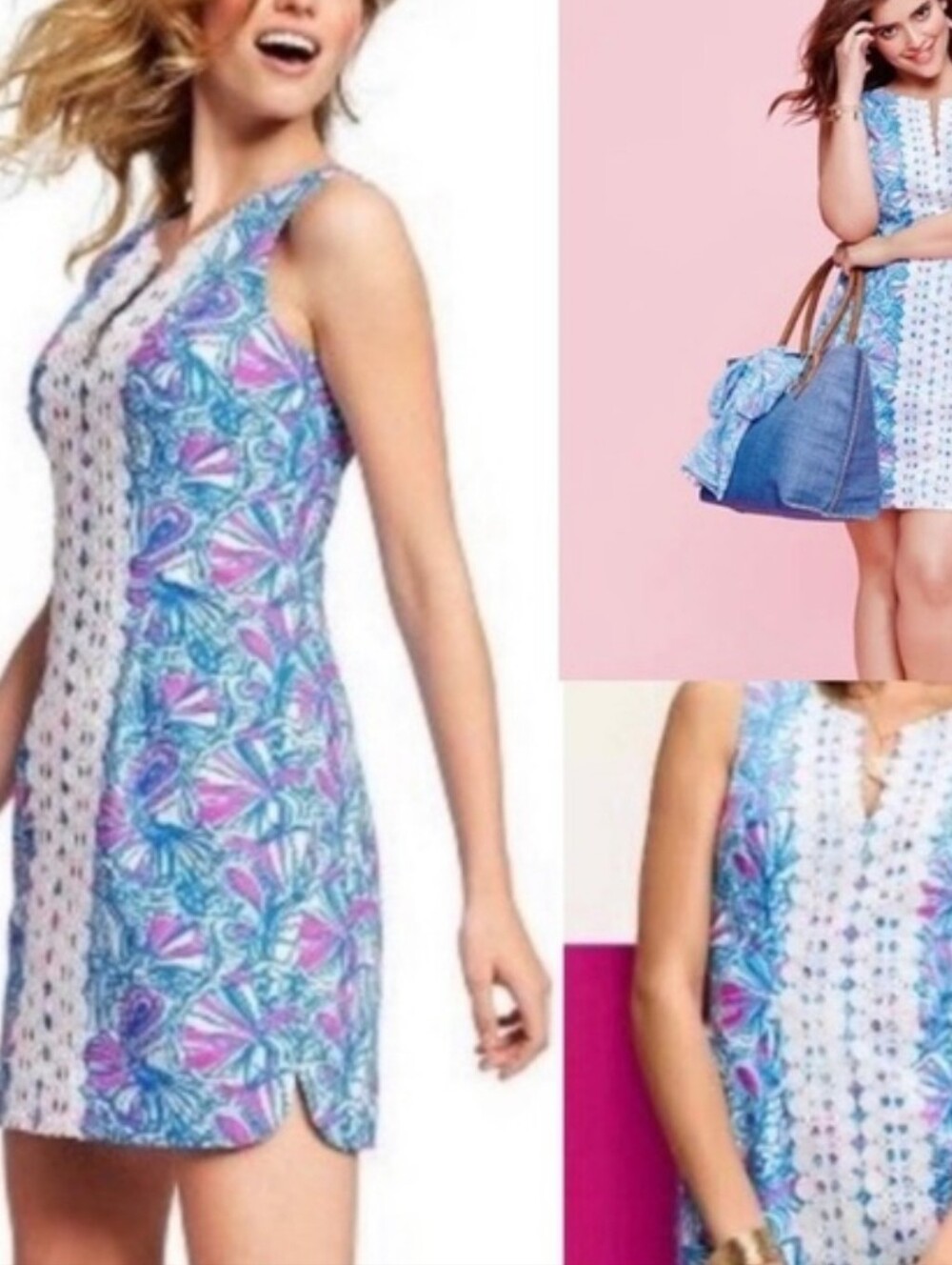 Lilly Pulitzer Sleeveless V-Neck Lace-Trim Shift Dress in Blue & Pink Size 8